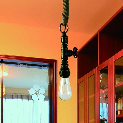 1 Light Pipe and Valve Hanging Light Industrial Black/Silver/Copper Metal Ceiling Pendant Lamp with Rope Cord