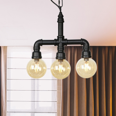 3/4 Heads LED Pendant Vintage Restaurant Ceiling Chandelier with Globe Amber Glass Shade in Black