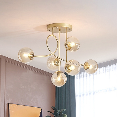 6-Bulb Living Room Ceiling Chandelier Modern Brass Hanging Pendant Light with Sphere Clear Glass Shade