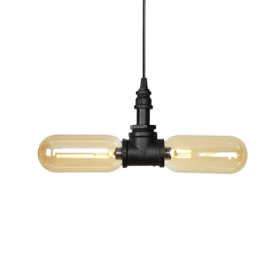 Amber Glass Capsule LED Chandelier Lighting Industrial 2 Heads Coffee House Ceiling Hang Fixture in Black