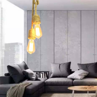 

Beige 2 Heads Cluster Pendant Light Antiqued Rope Knots Hanging Ceiling Lamp with Bare Bulb Design, HL598004