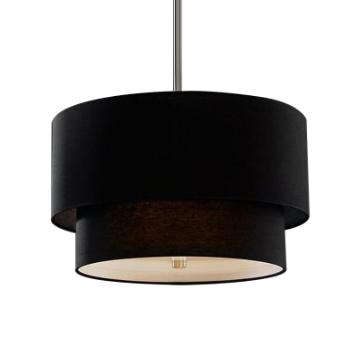 Beige/Black/White Drum Chandelier 3 Lights Rustic Style Fabric Suspension Light for Kitchen