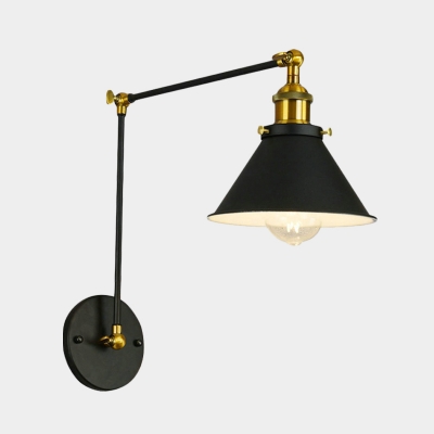 Black 1 Head Wall Light Sconce Antiqued Metallic Swing Arm Wall Mounted Lamp with Cone Shade