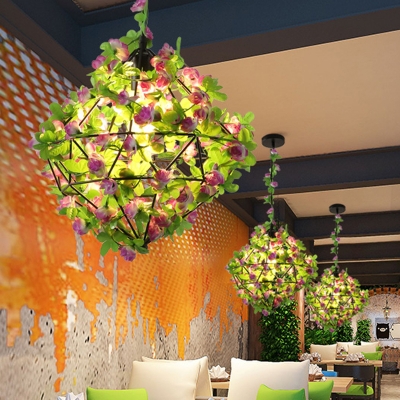 Black 1-Light Drop Lamp Retro Metal Geometric LED Flower Suspension Light for Restaurant