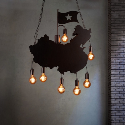 Black Map and Flag Pendant Vintage Metal 7-Light Restaurant Hanging Ceiling Lamp