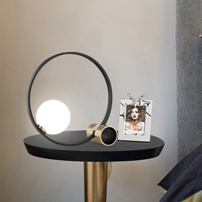 Black Circular Desk Light Modern 1 Bulb Metal Nightstand Lamp with Milky Glass Shade