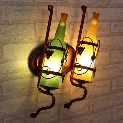 Bottle Corridor Sconce Light Fixture Art Deco Yellow/Yellow and Green/Red and White Glass 2-Head Copper Wall-Mount Lamp
