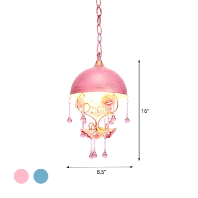 Bowl Living Room Pendant Lamp Pastoral Metal 1 Light Pink/Blue Hanging Ceiling Light with Crystal Accent