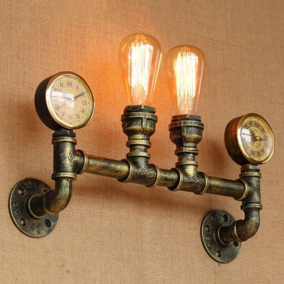 Brass 2-Bulb Sconce Light Fixture Antiqued Iron Pipe and Gauge Wall Mounted Lamp for Stair