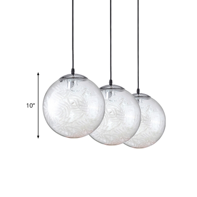 Clear Glass Ball Cluster Pendant Light Minimalist 3 Heads Black Hanging Lamp with Inner Leaves Deco