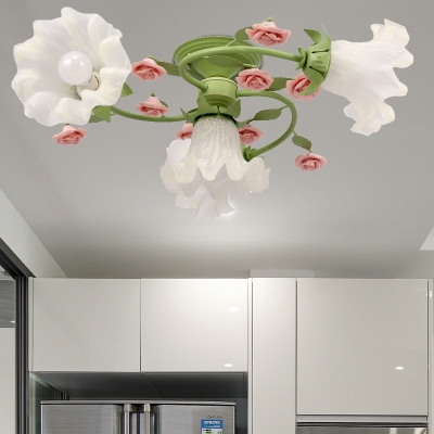 Countryside Spiral Ceiling Lamp 4 Heads Metal Flower Semi Flush Mount in Green for Living Room