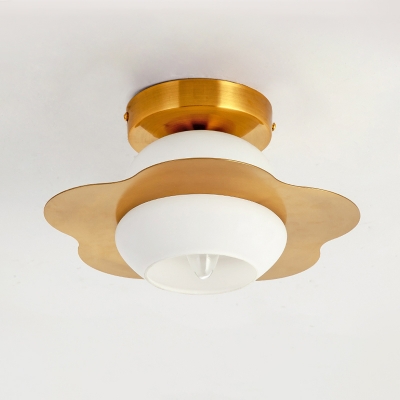 Cream Glass Sphere Flush Light Fixture Modernist 1-Bulb Gold Flush Mount with Flower Metal Panel Detail