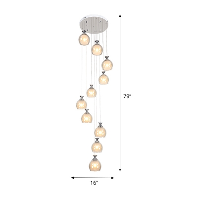 Cylinder/Globe Multi Light Pendant Modernism Amber Glass 10 Bulbs Silver LED Ceiling Lamp for Stair