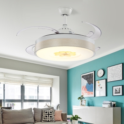 Drum Acrylic 8 Blades Ceiling Fan Light Modern LED Bedroom Semi Flush Mounted Lamp in White with Flower Pattern, 48