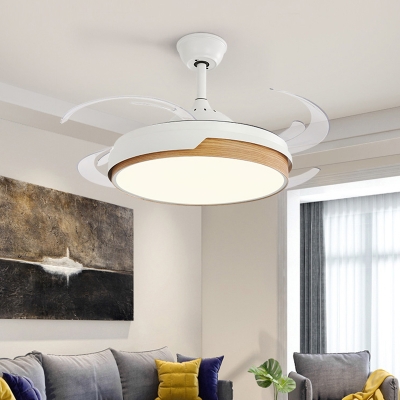 Drum Acrylic Semi Flushmount Contemporary Living Room 4 Blades LED Ceiling Fan Light in Black/Wood, 48