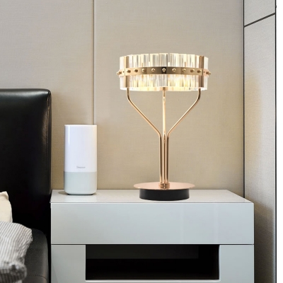 Drum Table Light Minimalism Clear Crystal LED Gold Small Desk Lamp with Metal Base