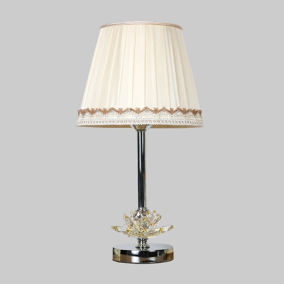 Fabric Flared Desk Light Modernism 1 Bulb White Night Table Lamp with Crystal Lotus
