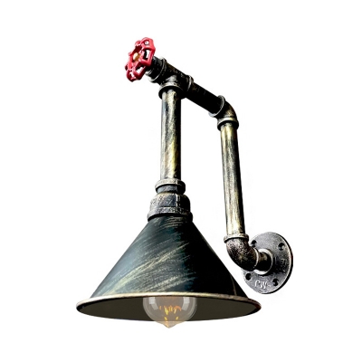 Iron Pipe and Valve Wall Sconce Vintage 1-Head Restaurant Wall Light Fixture in Black/Bronze with Cone Shade
