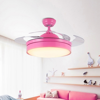 Kids Round Semi Flushmount LED Acrylic Ceiling Fan Lighting in Pink with 4 Clear Blades, 42