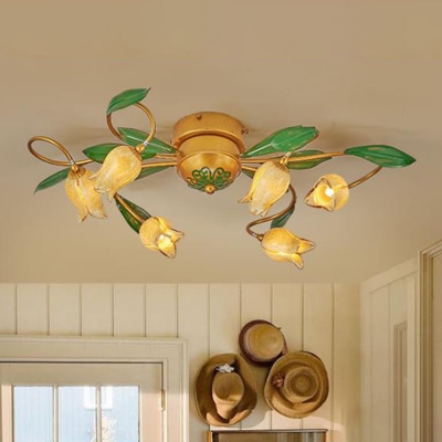 Metal Brass Ceiling Lamp Tulip 6 Lights Antique LED Semi Flush Light Fixture for Living Room