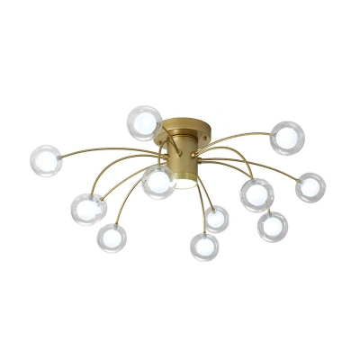 Metal Starburst Semi Flush Lighting Modern 13-Bulb Brass Finish Flush Mount Ceiling Lamp