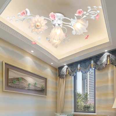 Metal White/Green Ceiling Fixture Scalloped 4 Bulbs Pastoral Flower Semi Flush Light for Bedroom