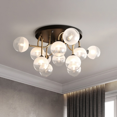 Modernism Ball Semi Flush Lighting Clear and White Glass Shade 12-Light Bedroom Flush Ceiling Lamp