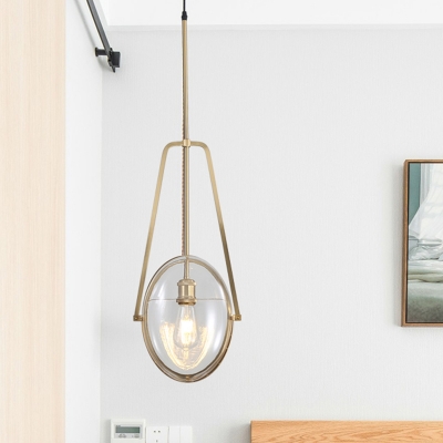Oval Clear Glass Suspension Light Modernist 1 Bulb Brass Hanging Ceiling Lamp with Forked Halberd Frame