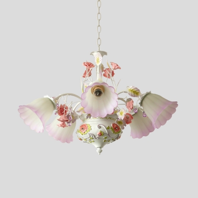 Pastoral Rose Hanging Chandelier 5 Bulbs Purple and White Glass LED Ceiling Light for Living Room