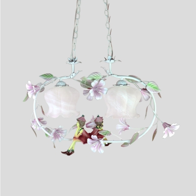 Pink 2 Heads Chandelier Lighting Vintage White Glass Bloom Pendant Ceiling Light for Bedroom
