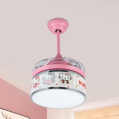 Pink LED Ceiling Fan Lighting Kids Acrylic Drum Shape 4 Blades Semi Flushmount with Wall/Remote Control, 32