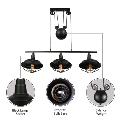 Pulley 3 Head Billiard Light in Balck Finish Barn Shade with Wire Guard for Pool Table Kitchen Island