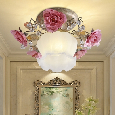 Rose Hallway Ceiling Lamp Vintage Metal 1 Bulb White Semi Flush Mount Light Fixture
