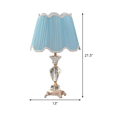 Shaded Fabric Desk Light Modern 1 Head Blue Night Table Lamp with Carved Metal Base