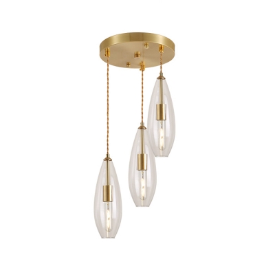 Waterdrop Clear Glass Hanging Light Kit Simple 3-Head Brass Multi Light Pendant with Round Canopy