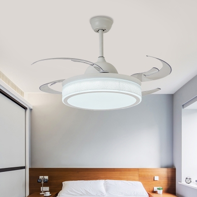 White LED Hanging Fan Light Modernist Acrylic Drum 8 Blades Semi Flush Lamp Fixture for Bedroom, 48