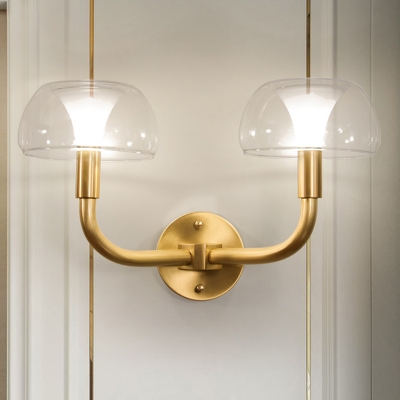 1/2 Bulbs Dome Wall Sconce Traditional Brass Metal Wall Light with Clear Glass Shade for Bedroom