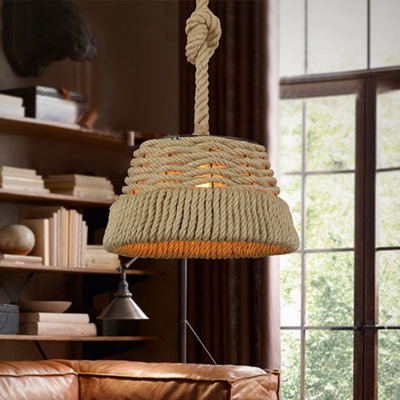 1 Head Rope Suspended Pendant Light Antiqued Beige Wire Cage Restaurant Hanging Lamp Kit