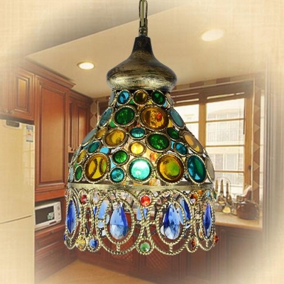1 Head Trumpet Hanging Lamp Art Deco Green Metal Ceiling Pendant Light with Crystal Bead