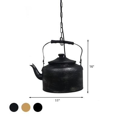 1-Light Iron Suspension Light Industrial Black/Gold/Matte Black Teapot Restaurant Hanging Lamp Kit with Chain