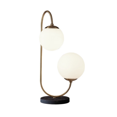 2 Bulbs Round Task Light Modern Opal Glass Night Table Lamp in Brass with Curved Metal Arm