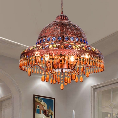 5 Bulbs Hat Chandelier Lamp Art Deco Brass Metal Ceiling Pendant Light with Crystal Teardrop