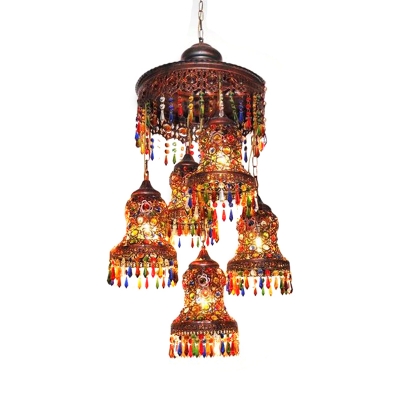 5 Heads Metal Ceiling Chandelier Decorative Copper Carved Living Room Hanging Pendant Light