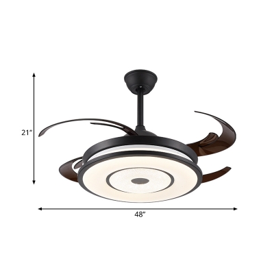 8 Blades Black Round Pendant Fan Lamp Contemporary Acrylic Bedroom LED Semi Flush Lighting, 48