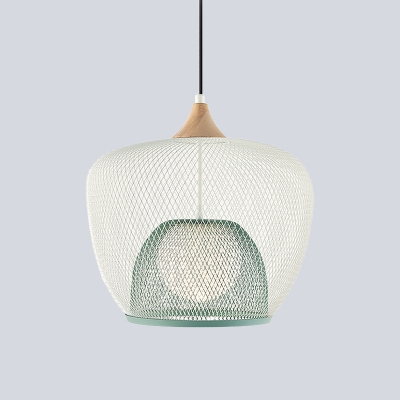 Basket Iron Mesh Down Lighting Simple 1 Head Blue/White Ceiling Pendant Lamp with Woven Design