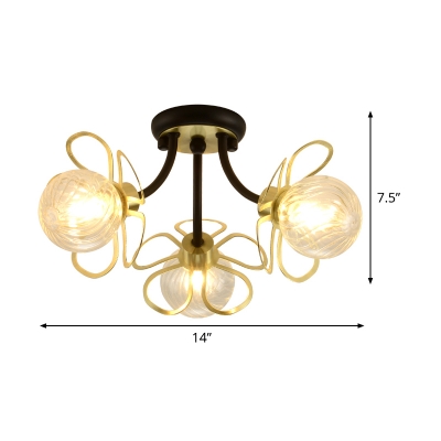 Black Floral Flushmount Lighting Contemporary 3 Bulbs Metal Semi Flush Lamp with Round Clear Prismatic Glass Shade