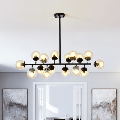 Black Linear Chandelier Lighting Contemporary 16 Lights Metallic Hanging Lamp with Ball Clear Glass Shade