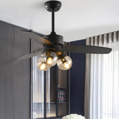 Black/White 3 Bulbs Hanging Fan Light Vintage Clear Glass Globe 3-Blade Semi Flush Lamp Fixture for Living Room, 42
