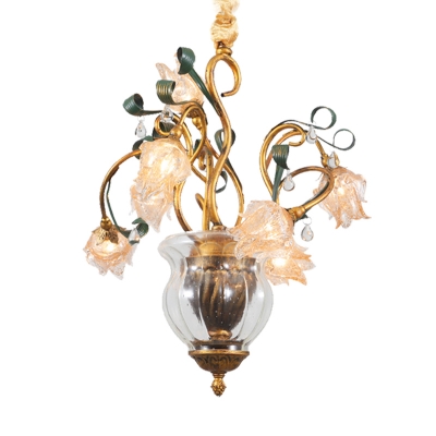 Brass 7 Bulbs Chandelier Light Pastoral Metal Floral LED Pendant Lighting Fixture for Study Room