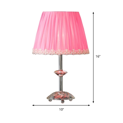 Conical Desk Light Modernism Fabric 1 Head Pink Night Table Lamp with Crystal Base